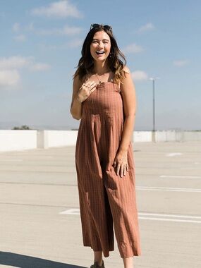 By Together 100% Cotton Wide Leg Small Jumpsuit Square Neck Strappy Rust Boho